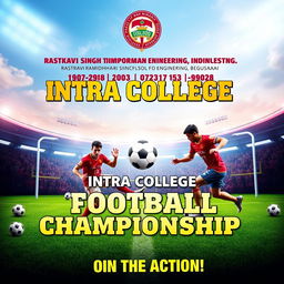 An energetic and vibrant intra-college sports banner for football, prominently featuring the name 'Rastkavi Ramdhari Singh Dinkar College of Engineering, Begusarai'