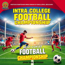An energetic and vibrant intra-college sports banner for football, prominently featuring the name 'Rastkavi Ramdhari Singh Dinkar College of Engineering, Begusarai'