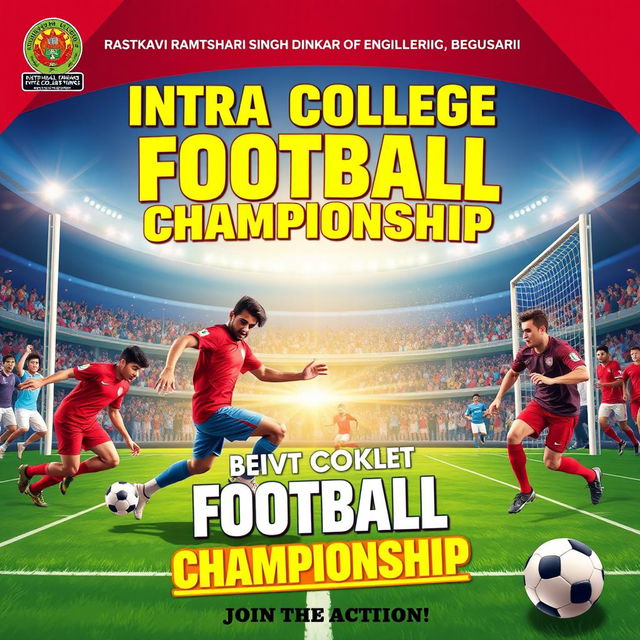 An energetic and vibrant intra-college sports banner for football, prominently featuring the name 'Rastkavi Ramdhari Singh Dinkar College of Engineering, Begusarai'