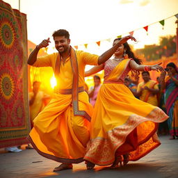 A vibrant scene of Allu Arjun, a popular Indian film actor, performing an energetic dance in traditional attire, showcasing his unique dance style