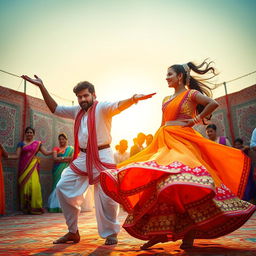 A vibrant scene of Allu Arjun, a popular Indian film actor, performing an energetic dance in traditional attire, showcasing his unique dance style