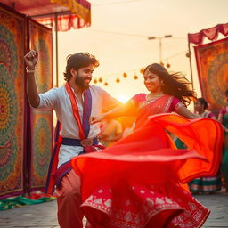 A vibrant scene of Allu Arjun, a popular Indian film actor, performing an energetic dance in traditional attire, showcasing his unique dance style