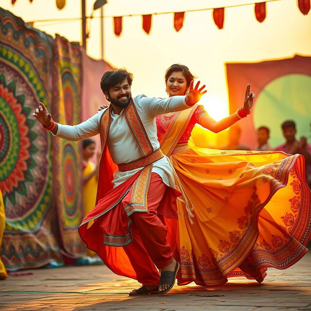 A vibrant scene of Allu Arjun, a popular Indian film actor, performing an energetic dance in traditional attire, showcasing his unique dance style