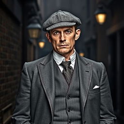 A portrait of Tommy Shelby, a character from the series Peaky Blinders, dressed in his iconic 1920s attire
