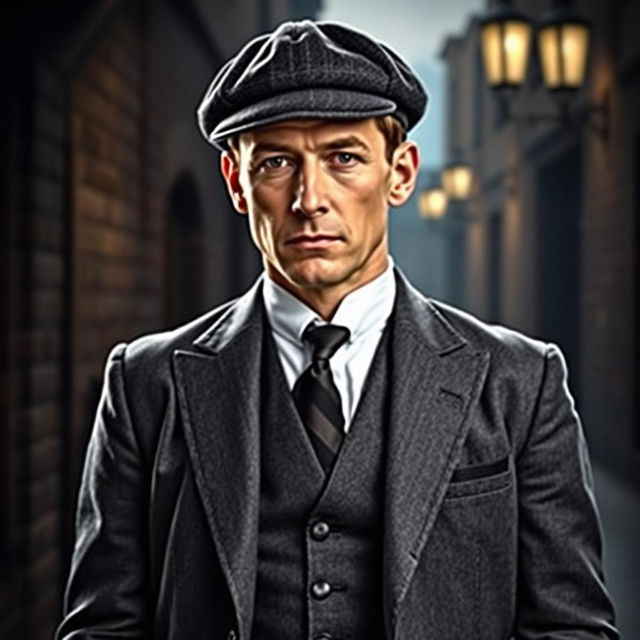 A portrait of Tommy Shelby, a character from the series Peaky Blinders, dressed in his iconic 1920s attire