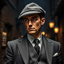 A portrait of Tommy Shelby, a character from the series Peaky Blinders, dressed in his iconic 1920s attire