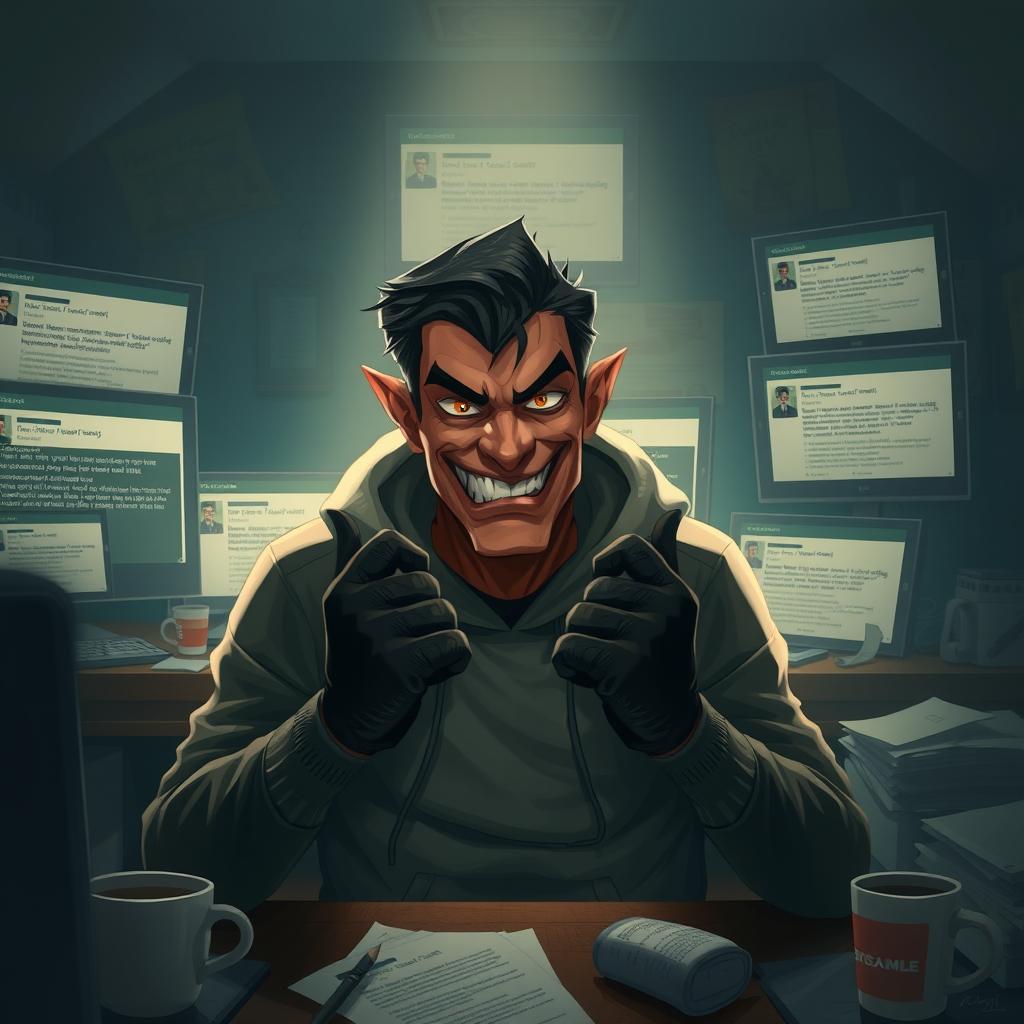 A digital art scene depicting a sly-looking scammer sitting in a dimly lit room, surrounded by multiple computer screens displaying suspicious messages and personal details
