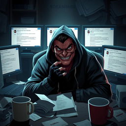 A digital art scene depicting a sly-looking scammer sitting in a dimly lit room, surrounded by multiple computer screens displaying suspicious messages and personal details
