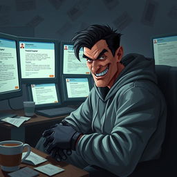 A digital art scene depicting a sly-looking scammer sitting in a dimly lit room, surrounded by multiple computer screens displaying suspicious messages and personal details