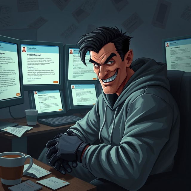 A digital art scene depicting a sly-looking scammer sitting in a dimly lit room, surrounded by multiple computer screens displaying suspicious messages and personal details