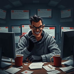 A digital art scene depicting a sly-looking scammer sitting in a dimly lit room, surrounded by multiple computer screens displaying suspicious messages and personal details