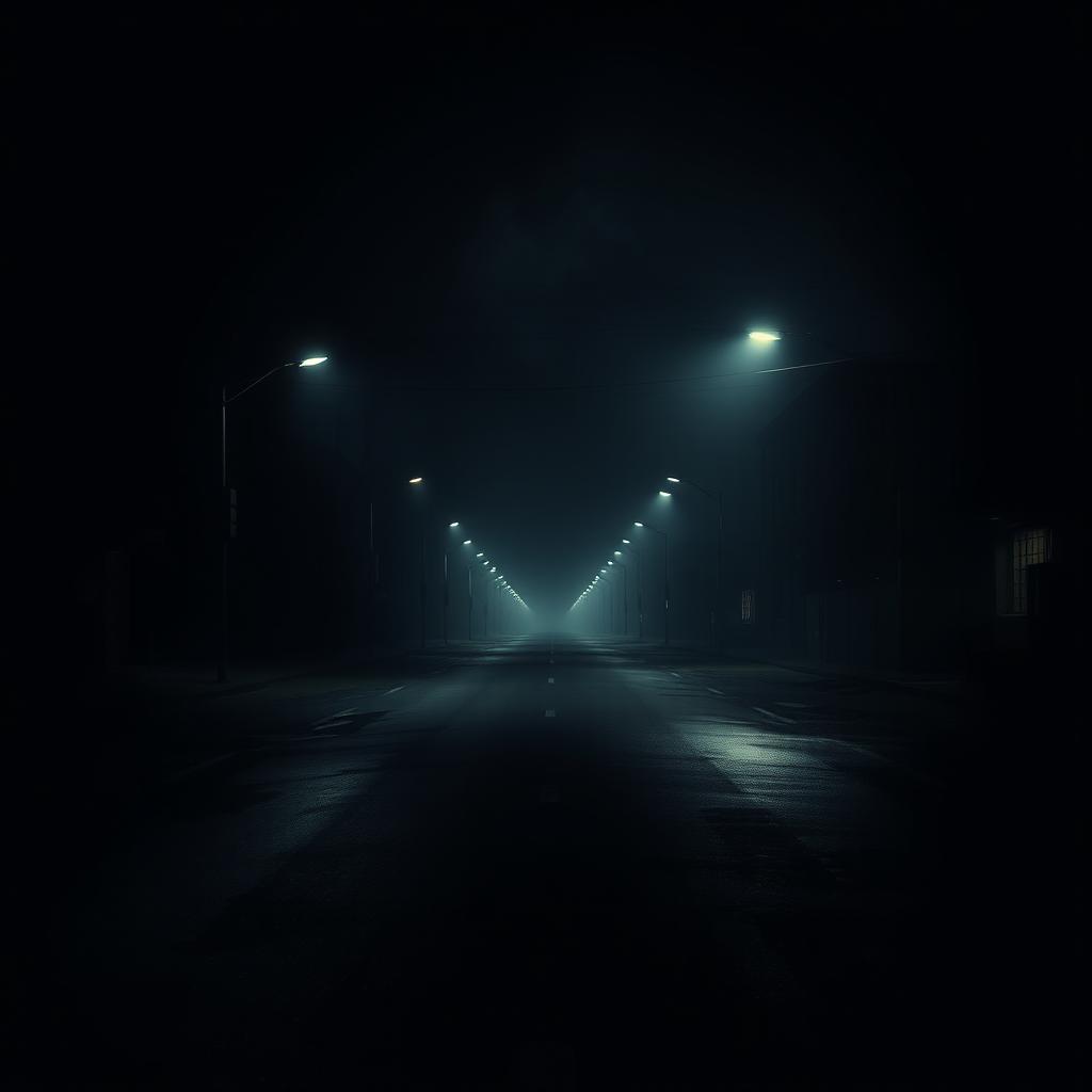 A dark night scene wallpaper capturing a mafia vibe, featuring an empty road that recedes into the distance