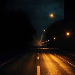 A dark night scene wallpaper capturing a mafia vibe, featuring an empty road that recedes into the distance