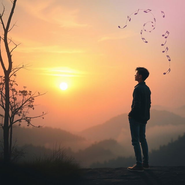 A nostalgic and emotional scene depicting a person standing alone at a scenic overlook during sunset, with a misty landscape in the background