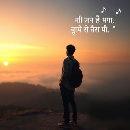 A nostalgic and emotional scene depicting a person standing alone at a scenic overlook during sunset, with a misty landscape in the background