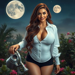 A full-body image of a 55-year-old attractive woman with long wavy brown hair and captivating cyan eyes, exuding confidence with her seductive curves