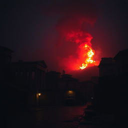 A dark, smoky Roman cityscape at night, featuring ancient Roman architecture such as columns and arches, with flames rising prominently in the background, casting an ominous red glow throughout the scene
