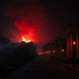 A dark, smoky Roman cityscape at night, featuring ancient Roman architecture such as columns and arches, with flames rising prominently in the background, casting an ominous red glow throughout the scene