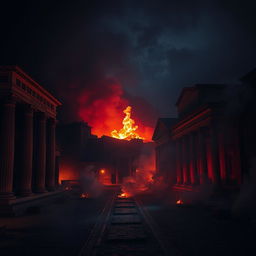 A dark, smoky Roman cityscape at night, featuring ancient Roman architecture such as columns and arches, with flames rising prominently in the background, casting an ominous red glow throughout the scene