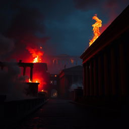 A dark, smoky Roman cityscape at night, featuring ancient Roman architecture such as columns and arches, with flames rising prominently in the background, casting an ominous red glow throughout the scene