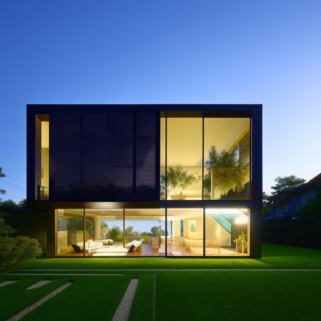 A modern house with sleek lines, floor-to-ceiling glass facade, minimalist design, surrounded by a well-manicured lawn under a clear blue sky.