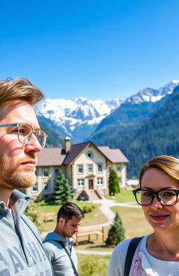 A picturesque school nestled in a valley, surrounded by majestic mountains