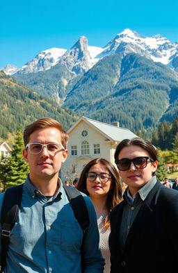 A picturesque school nestled in a valley, surrounded by majestic mountains