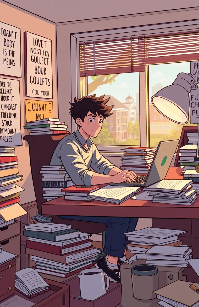 An expressive illustration of a college student sitting at a cluttered desk piled with books, papers, and a laptop