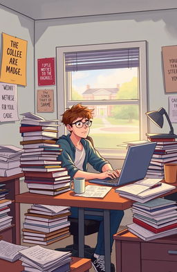 An expressive illustration of a college student sitting at a cluttered desk piled with books, papers, and a laptop