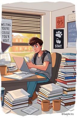 An expressive illustration of a college student sitting at a cluttered desk piled with books, papers, and a laptop