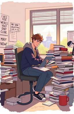 An expressive illustration of a college student sitting at a cluttered desk piled with books, papers, and a laptop