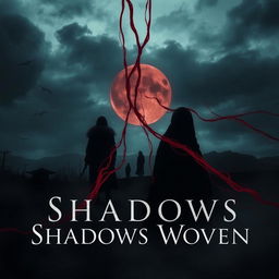 A horror movie poster titled 'Shadows Woven', inspired by the Japanese legend of the red thread