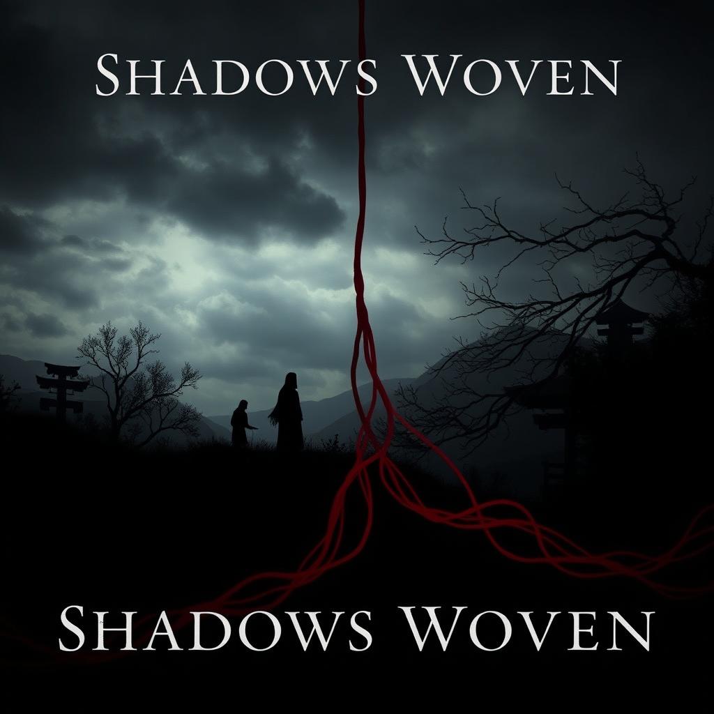 A horror movie poster titled 'Shadows Woven', inspired by the Japanese legend of the red thread