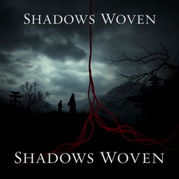 A horror movie poster titled 'Shadows Woven', inspired by the Japanese legend of the red thread