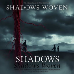 A horror movie poster titled 'Shadows Woven', inspired by the Japanese legend of the red thread