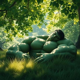 A serene scene depicting the Hulk, a large green muscular figure, resting peacefully in a secluded, tranquil nature setting