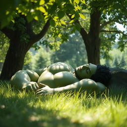 A serene scene depicting the Hulk, a large green muscular figure, resting peacefully in a secluded, tranquil nature setting