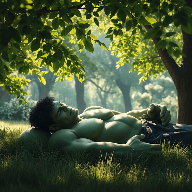 A serene scene depicting the Hulk, a large green muscular figure, resting peacefully in a secluded, tranquil nature setting