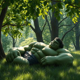 A serene scene depicting the Hulk, a large green muscular figure, resting peacefully in a secluded, tranquil nature setting