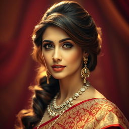 A stunning portrait of Aishwarya Rai, showcasing her captivating beauty with her mesmerizing green eyes and luscious brown hair styled elegantly