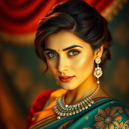 A stunning portrait of Aishwarya Rai, showcasing her captivating beauty with her mesmerizing green eyes and luscious brown hair styled elegantly
