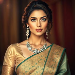 A stunning portrait of Aishwarya Rai, showcasing her captivating beauty with her mesmerizing green eyes and luscious brown hair styled elegantly