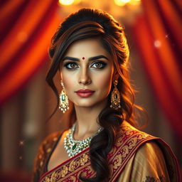 A stunning portrait of Aishwarya Rai, showcasing her captivating beauty with her mesmerizing green eyes and luscious brown hair styled elegantly
