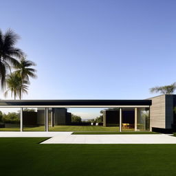 A modern house with sleek lines, floor-to-ceiling glass facade, minimalist design, surrounded by a well-manicured lawn under a clear blue sky.