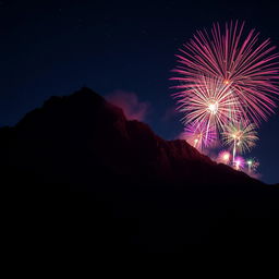 A stunning night view of a majestic mountain landscape illuminated by vibrant fireworks exploding in the night sky