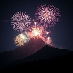 A stunning night view of a majestic mountain landscape illuminated by vibrant fireworks exploding in the night sky