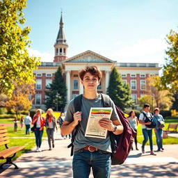 A vibrant scene depicting a college freshman on their first day at university