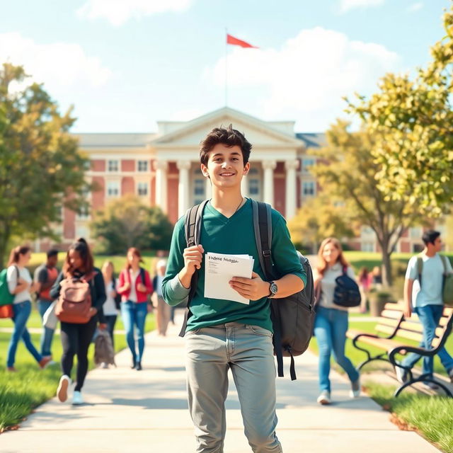 A vibrant scene depicting a college freshman on their first day at university
