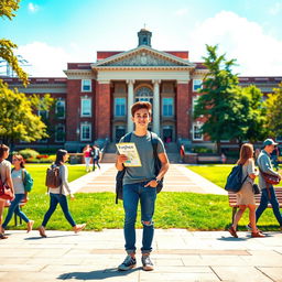 A vibrant scene depicting a college freshman on their first day at university