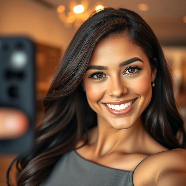 A stunning brunette woman taking a selfie, featuring her captivating smile and sparkling eyes